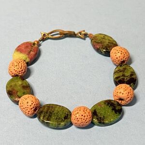Fancy Jasper And Java Beaded Bracelet Green And Pink  7"  Mykonos Fish Hook
